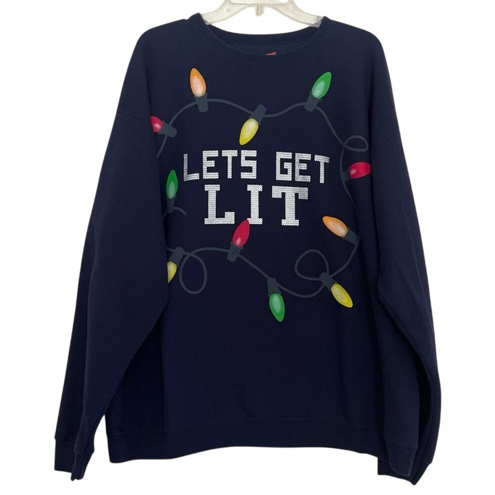 Lets Get Lit Holiday Party Sweatshirt Size XL Navy Christmas Lights Funny Casual